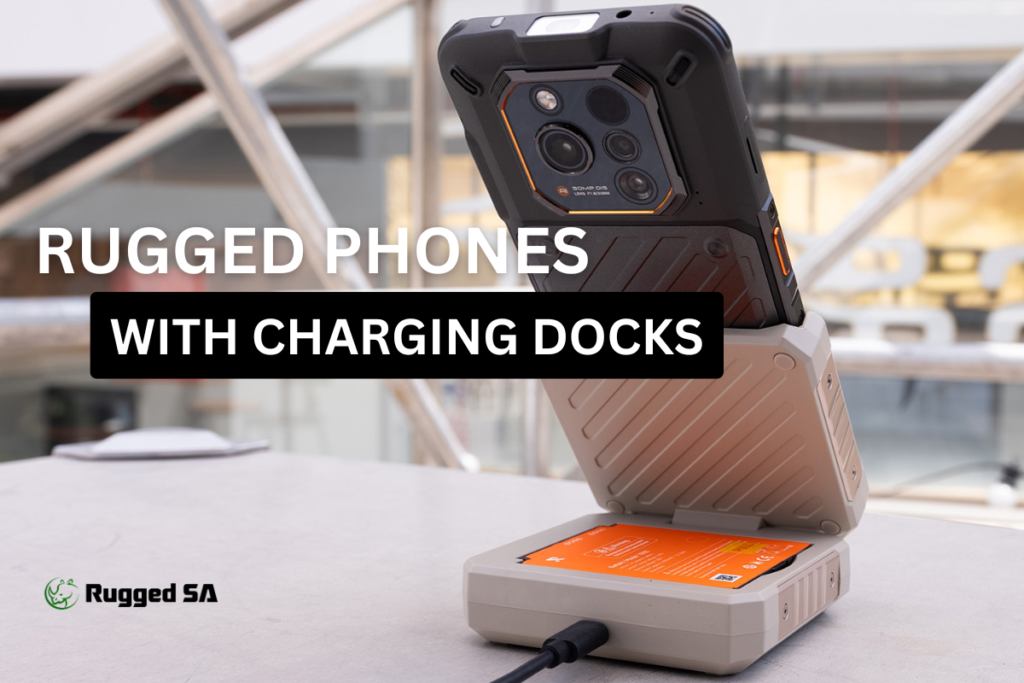 Rugged smartphone positioned upright on a heavy‑duty charging dock, with text reading ‘Rugged Phones with Charging Docks’ and the Rugged SA logo, shown in an industrial‑style environment