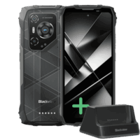 Blackview BL7000 Pro rugged smartphone with docking station, featuring a durable black design and large display.