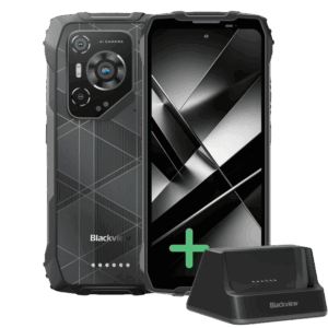 Blackview BL7000 Pro rugged smartphone with docking station, featuring a durable black design and large display.