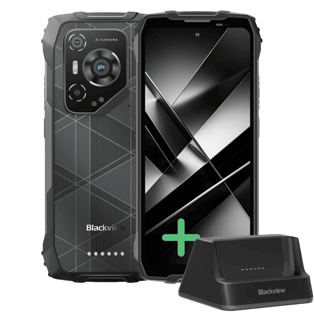 Blackview BL7000 Pro rugged smartphone with docking station, featuring a durable black design and large display.